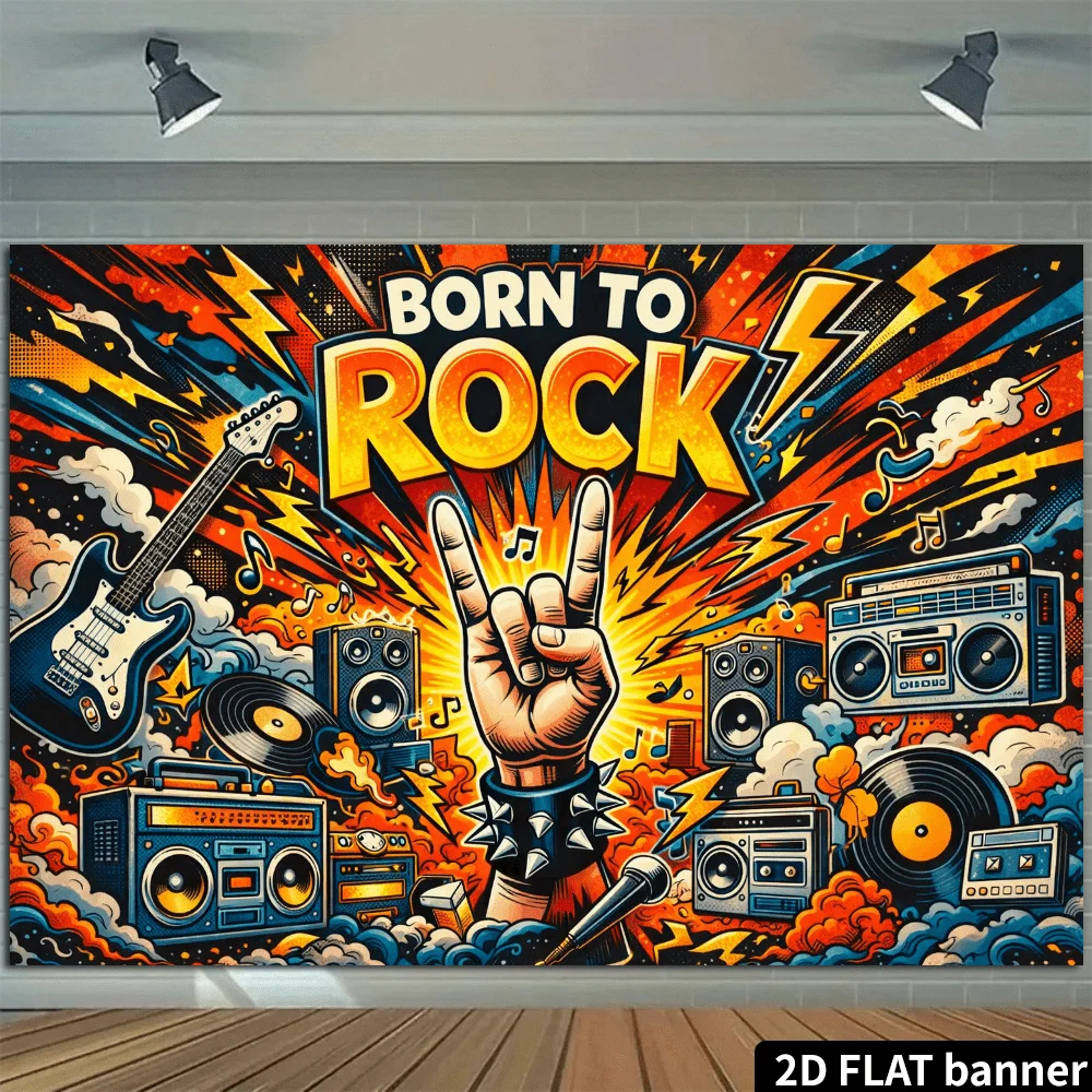 2D scene: Rock style theme "Born to Rock", vintage speaker set, and cloud and lightning decorations - view 5