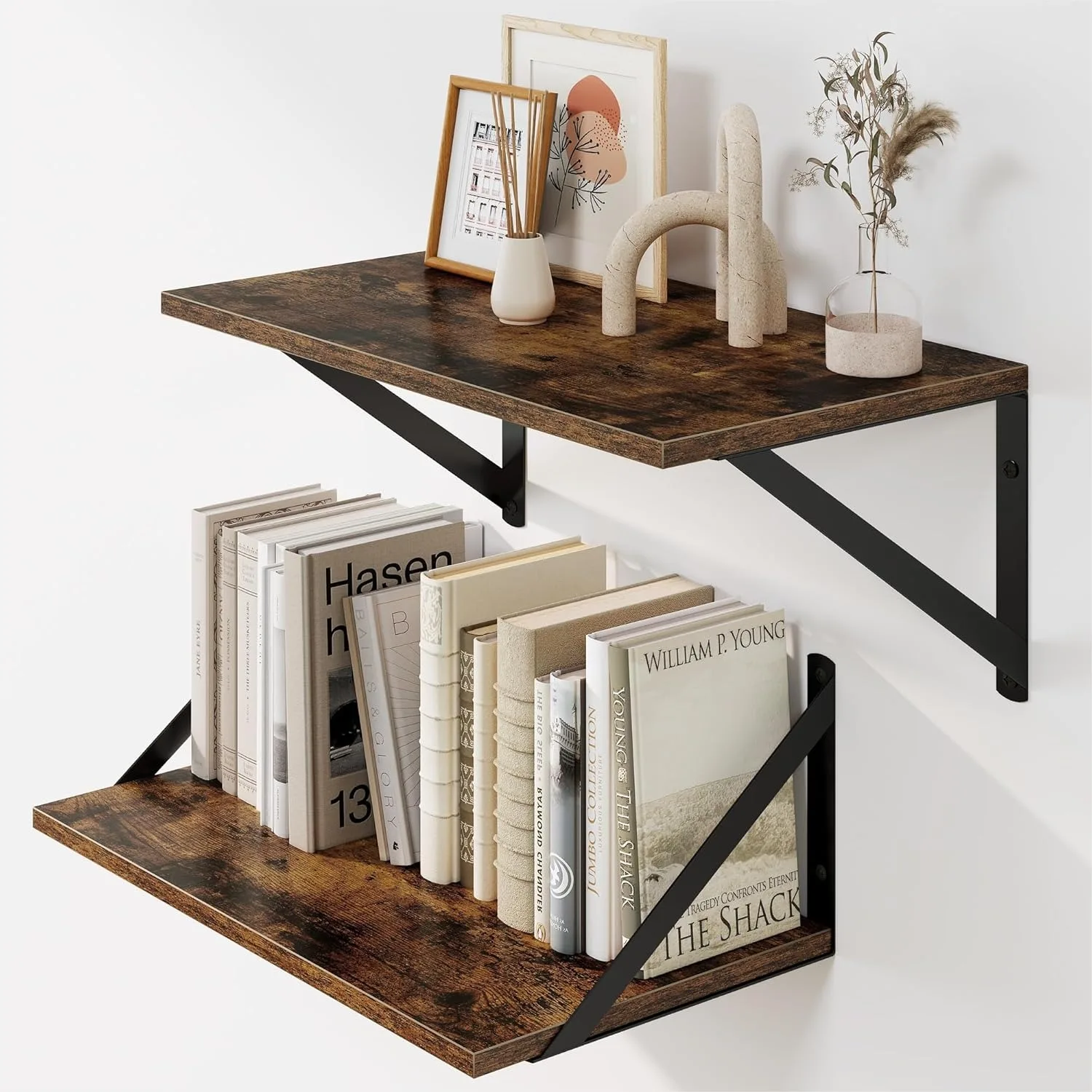 

Deep Floating Shelves for Wall, 16x8 Wood Wall Shelves Set of 2, Wide Bookshelf for Living Room Kitchen Office with Metal