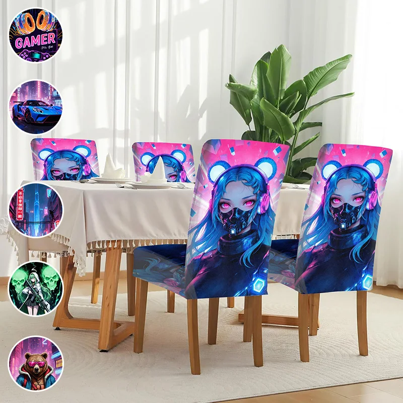 Elastic printed dining chair cover, removable and washable scratch-proof dining chair cover, Cybertech style pattern