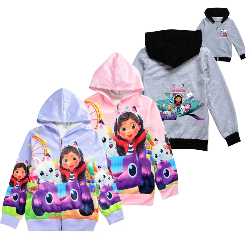 Pull à capuche avec fermeture éclair pour enfants, vêtements d'extérieur décontractés, sweat-shirt pour bébés garçons et filles, vêtements de course Gabby, maison de chats, dessin animé, nouveau