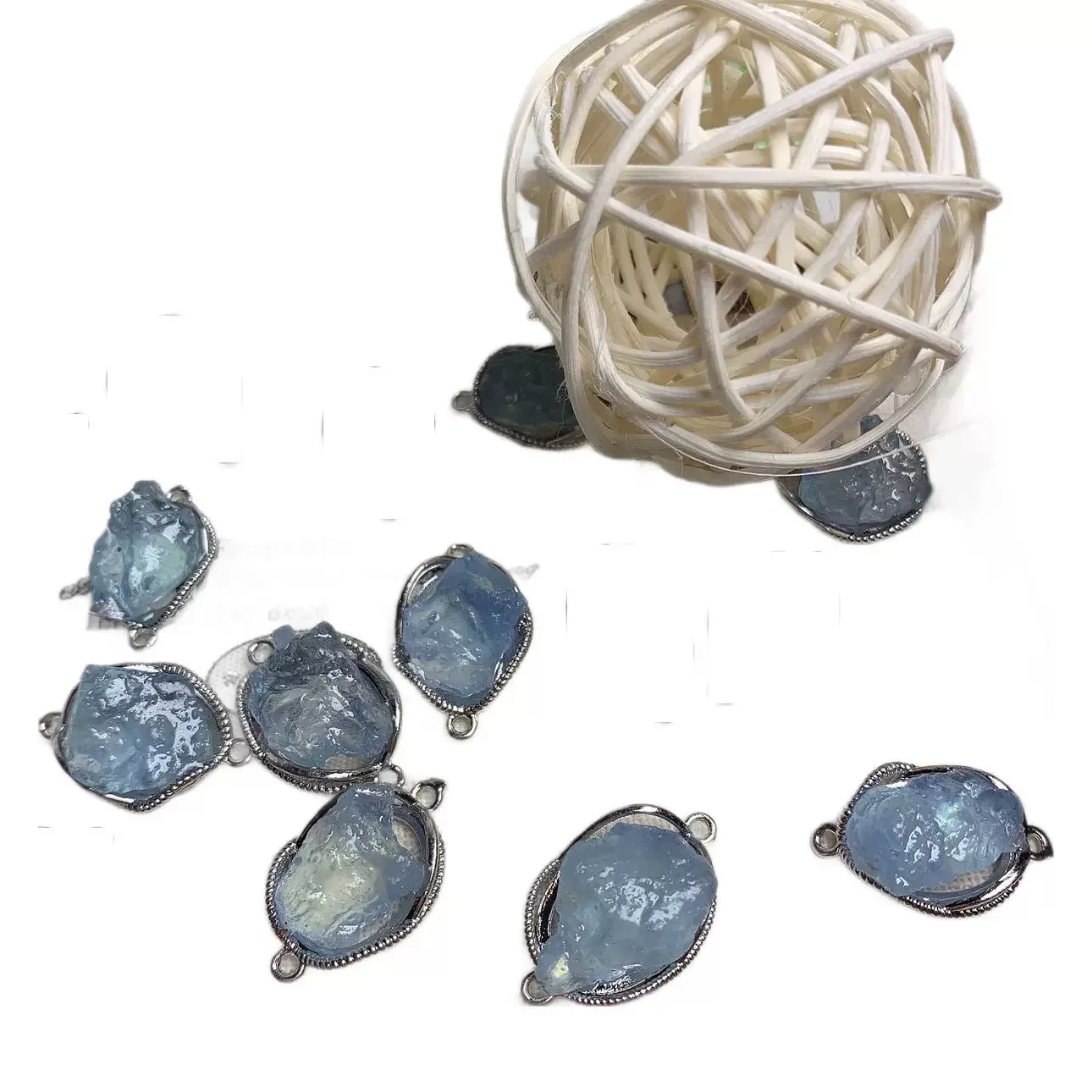 5pcs Natural Crystal Quartz Aquamarine Rough Double Ear Magic Box Charms With Hole, Pendant for DIY Bracelet Necklace