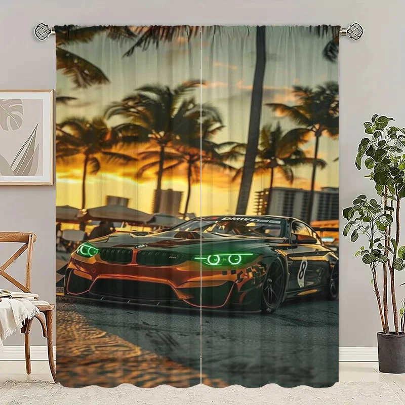 2Pcs- Yellow Supercar - Printed curtain -100% polyester material, suitable for bedroom curtains and living room decoration;