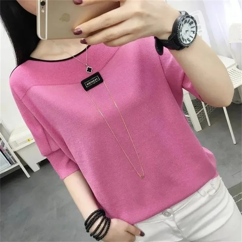 Female Half Sleeve Sweater Spring Women Solid Color Ice Silk Pullover Knitted Korean Lady Large Size 5XL Bat Shirt Knitting Tops