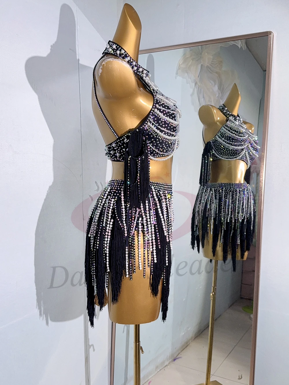 Costume de danse latine AB Stone pour femmes et enfants adultes, robe de spectacle de Samba à franges noires et blanches personnalisées haut de gamme