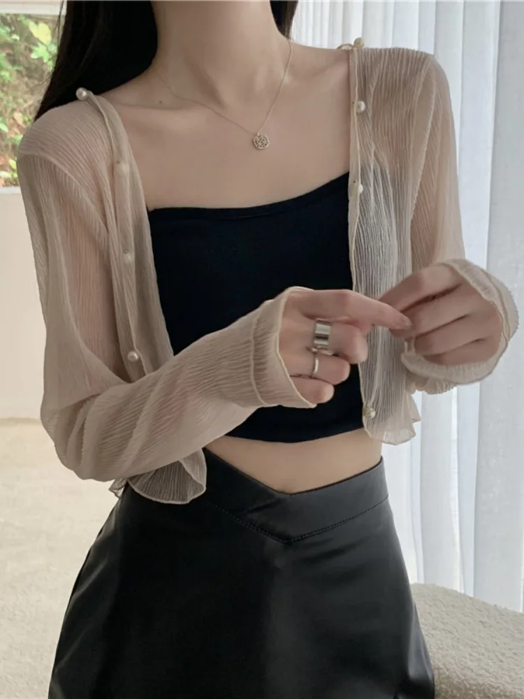 French Style Ice Silk Sun Protection Short Thin Women's Open Cardigan Summer Lightweight Transparent Lace Cover up Top