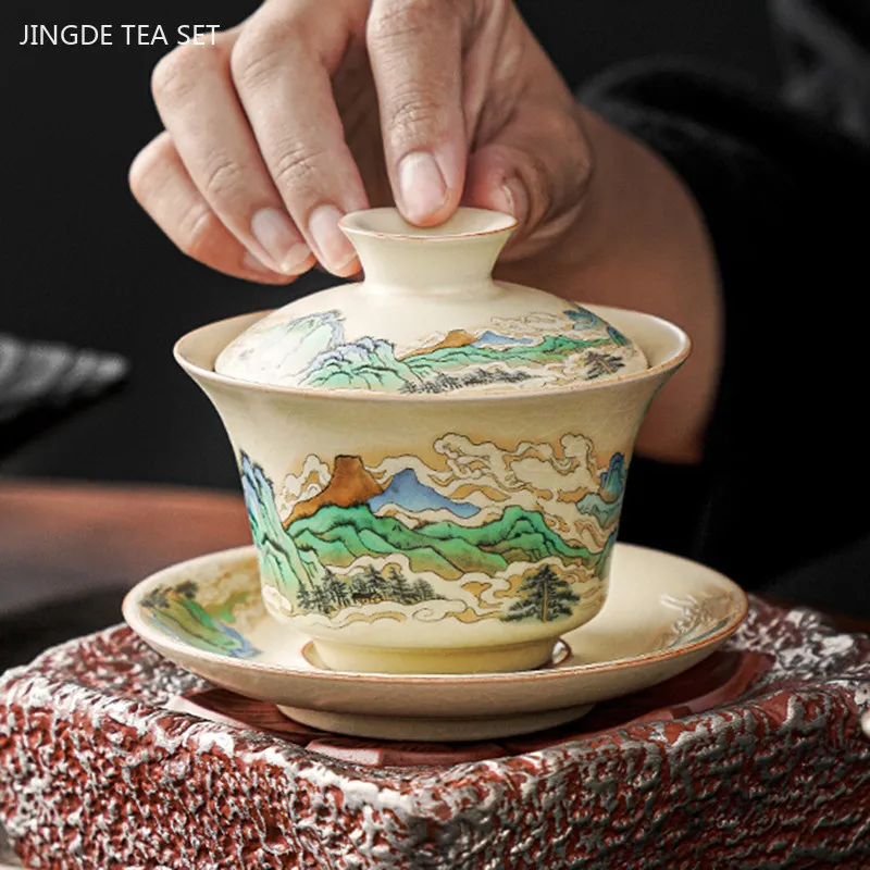 100ml Retro Blue and White Porcelain Gaiwan Chinese Ceramic Tea Bowl Home Tea Infuser Handmade Underglaze Color Tea Set Teacup
