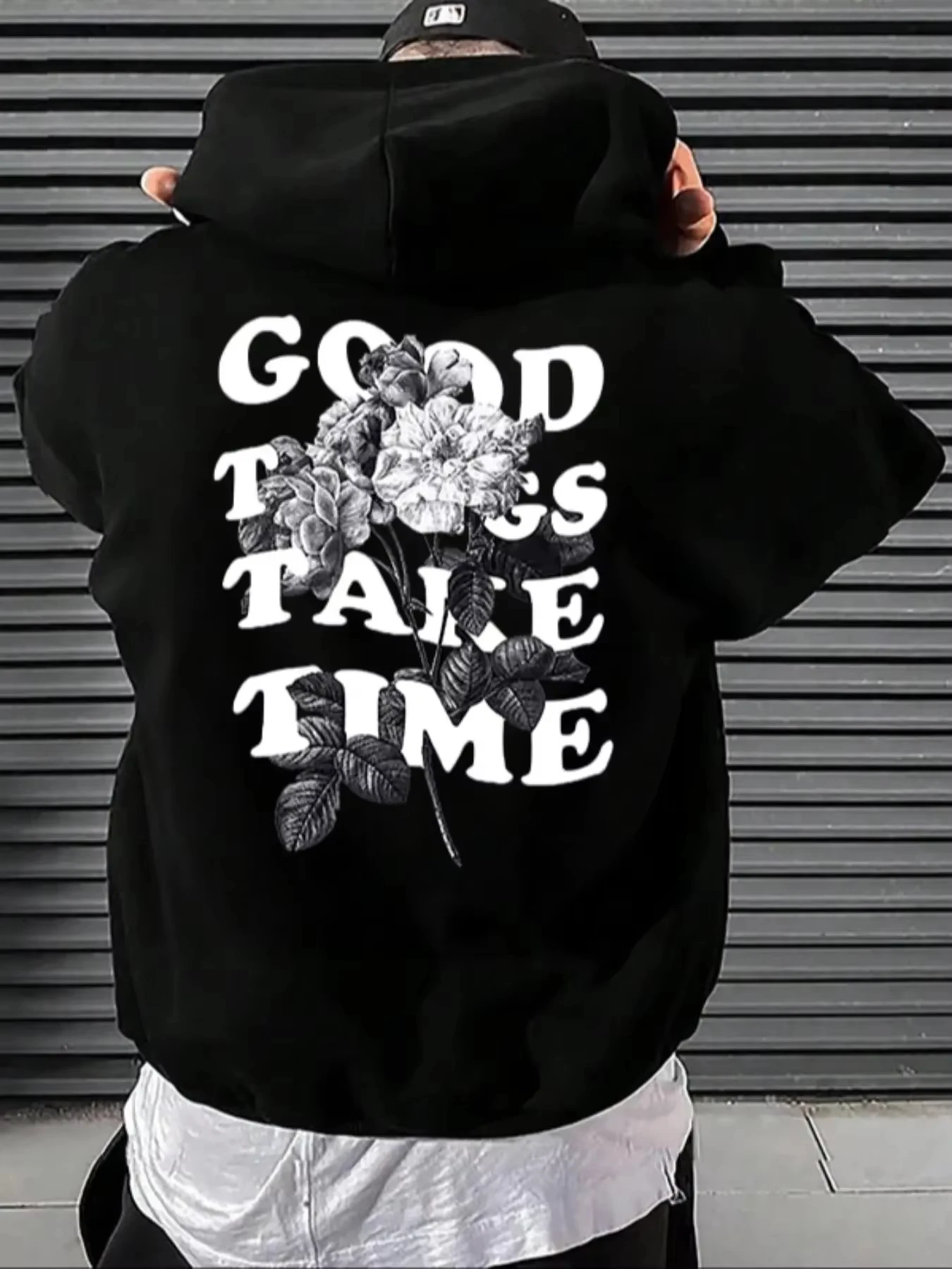 Men's 'Good Things Come to Those Who Wait' Patterned Comfortable Hoodie, Retro Floral Letter Print Drawstring Pocket Long-Sleeve