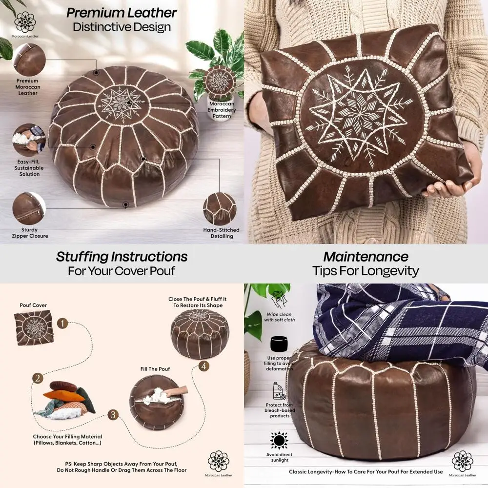 

Moroccan Leather Pouf Cover - Unfilled Round Ottoman, Bohemian Decor for Living Spaces