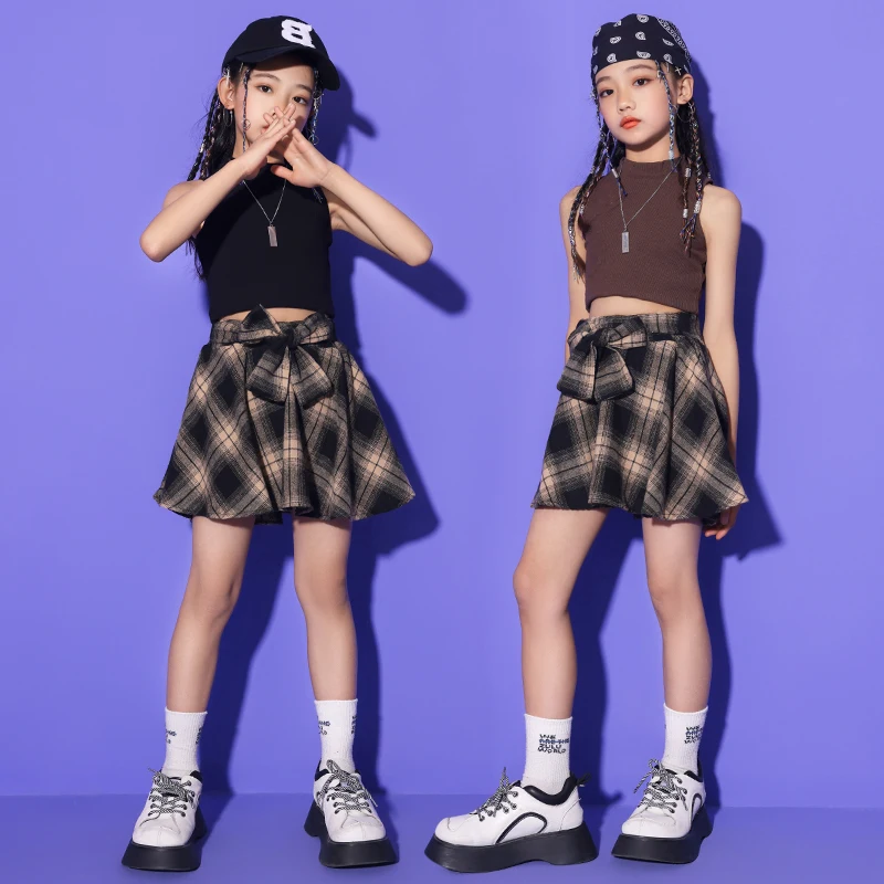 Kids Performance Hip Hop Clothing Crop Tank Vest Checkered Shorts Skirt for Girls Teenage Jazz Kpop Dance Costumes Clothes