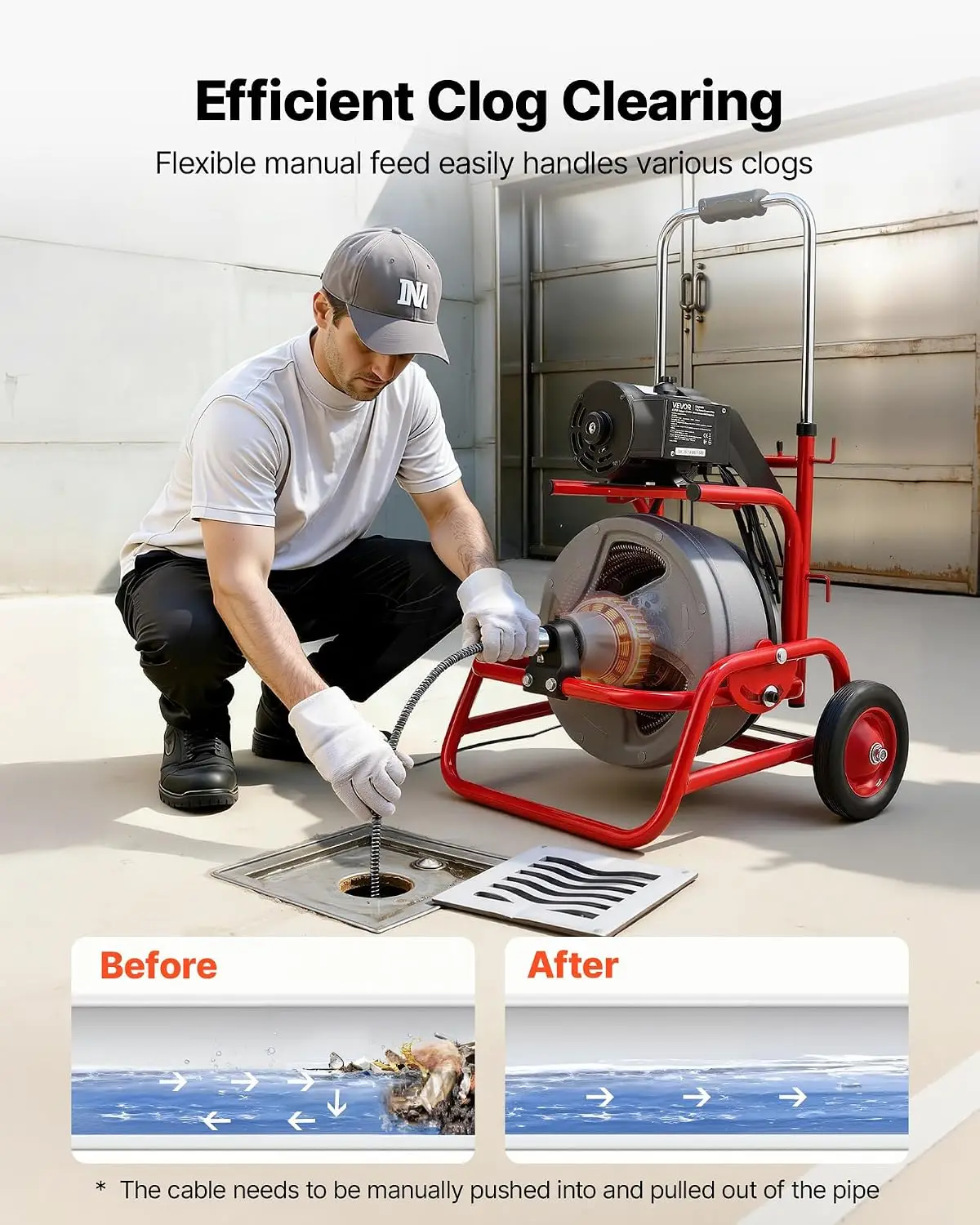 Drain Cleaner Machine 75 FT x 1/2 Inch, Sewer Snake Auger on Wheels, Manual Feed Drain Cleaning Machine with Adjustable Drum Ang