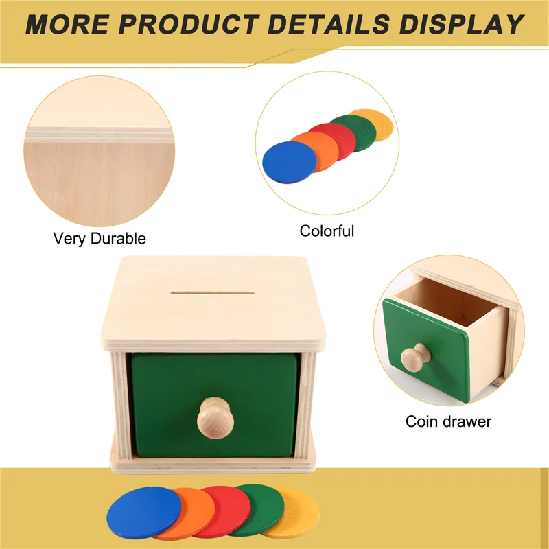 A04F-ไม้ช่วยสอนMontessoriเหรียญกล่องไม้ที่มีสีสันโยนเหรียญกล่องลิ้นชักทักษะTrainin Early Education