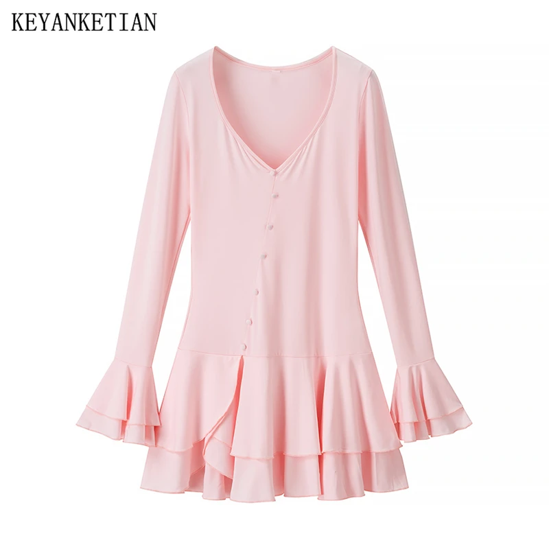 Keyanketian 2025 primavera/outono novo feminino em camadas babados manga alargamento mini vestido assimétrico botões com decote em v vestidos rosa finos