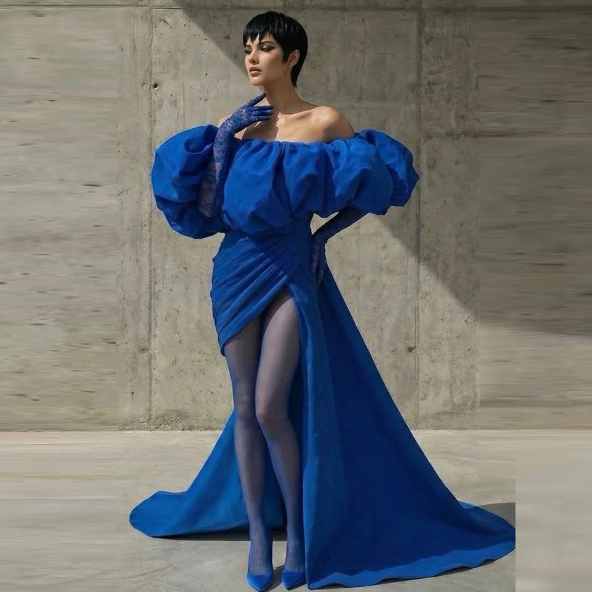 

Off The Shoulder Royal Blue Prom Dress Ruched Satin Sexy High Split Eveing Gowns Aso Ebi Women Formal Occasion Party Dress