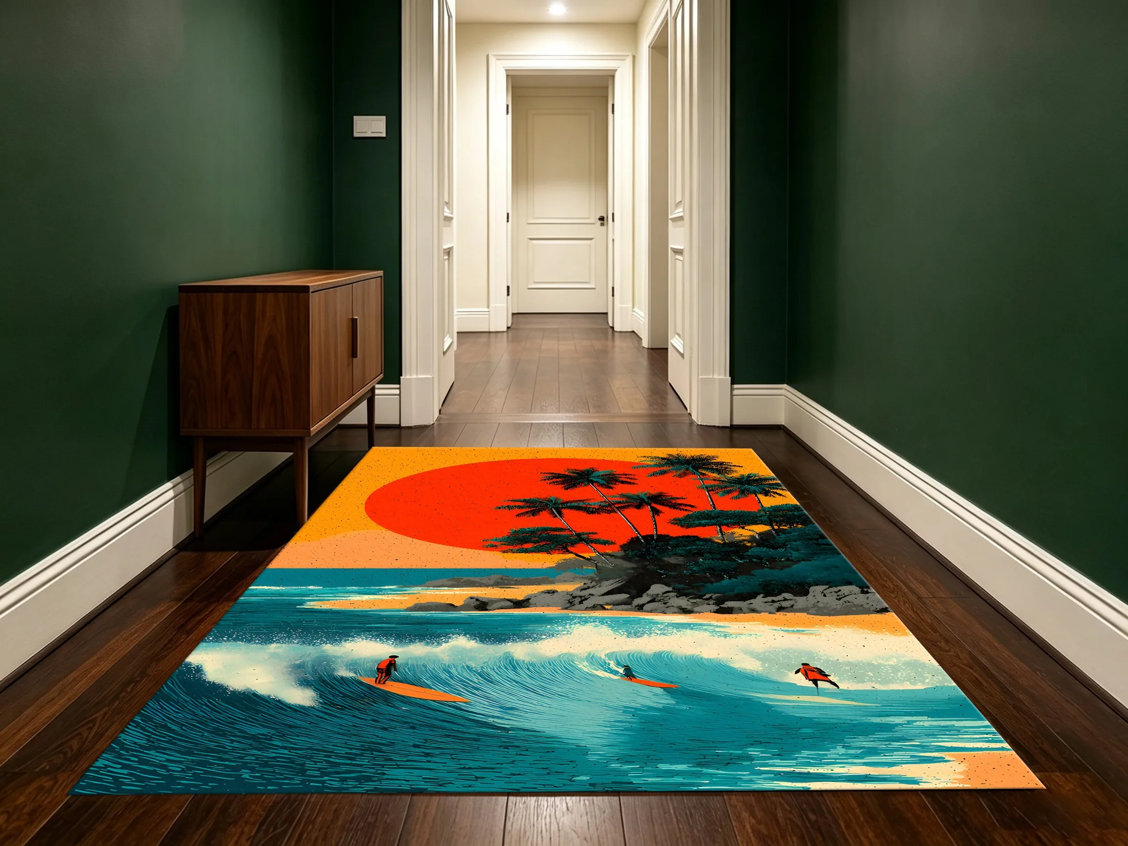 Large Area Rug Retro Sunset Surfing Palm Print Soft Velvet Colorful Living Room Bedroom Home Decor Area Rug