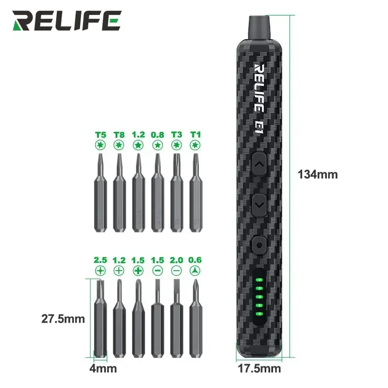 RELIFE E1 Carbon Fiber Electric Screwdriver Set 12 S2 Steel Bits Reverse Steering Design 5-speed Adjustable Repair Tool