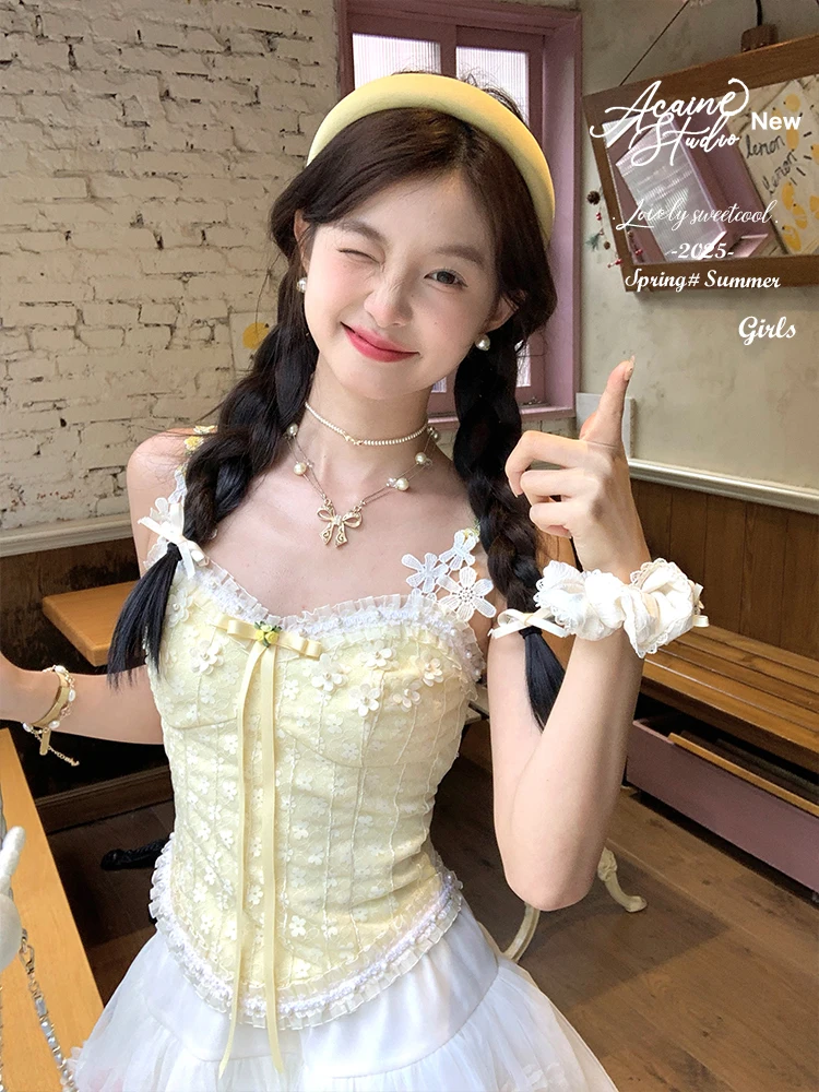 

Acaine Yellow ort V-Ne Lace Crop Top Women's Slimming Sweet Sle Faionable Summer Csole Svel Outerwear