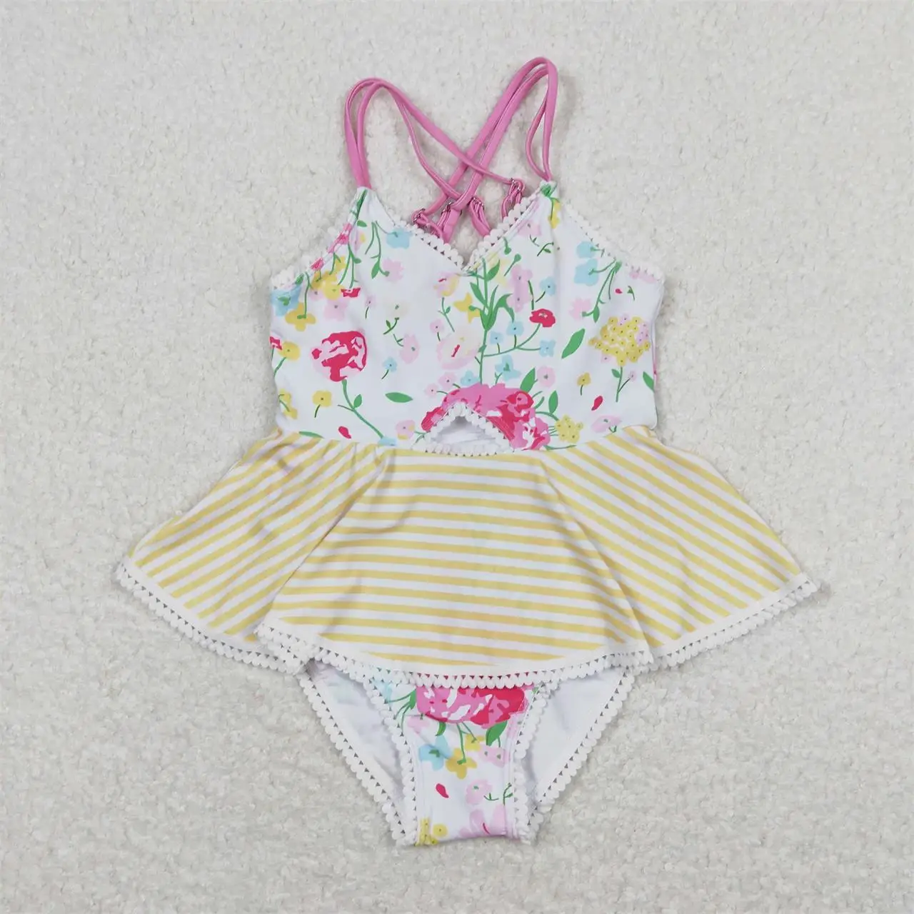 Wholesale Baby Girl One Piece Sleeveless Swimming Suit Children Toddler Summer Inner Floral Stripes Swimwear Infant Swimsuit