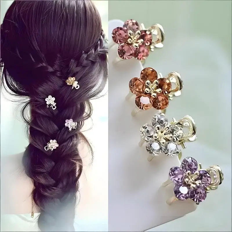 Mini pinces à cheveux en forme de fleur avec strass, 4 pièces, base dorée en cristal brillant, adorables pour les enfants, fête d'anniversaire, décoration de cheveux de princesse
