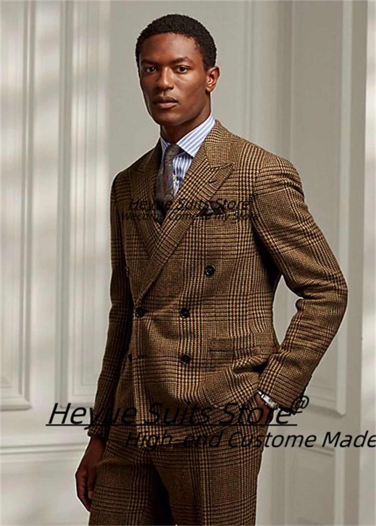 

Retro Classic Plaid Prom Men Suits Slim Fit Double Breasted Groom Tuxedos Customized2Pcs Sets Male Business Blazers Ropa Hombre