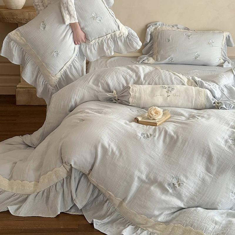 High-end Romantic 100% Cotton Double Gauze 4-Piece Bedding Set- Embroidered & Lace Trim, Ultra-Soft and Breathable Duvete Covers