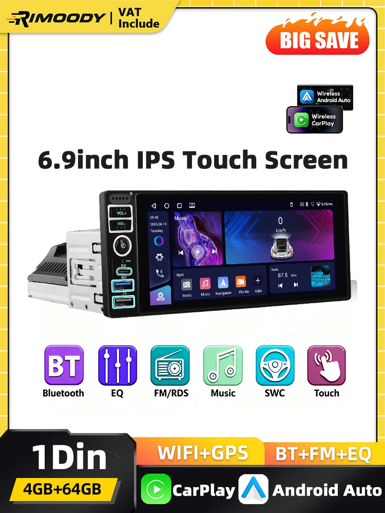 Podofo 4+64G Android 1DIN Radio Samochodowe Carplay z Ekranem HD 6.9'', Nawigacja GPS, Bluetooth, Odtwarzacz USB, WIFI, Mirror Link, EQ, FM, RDS, Audio Samochodowe (4G 64G MIC CAM) — Zdjęcie 2 z 2