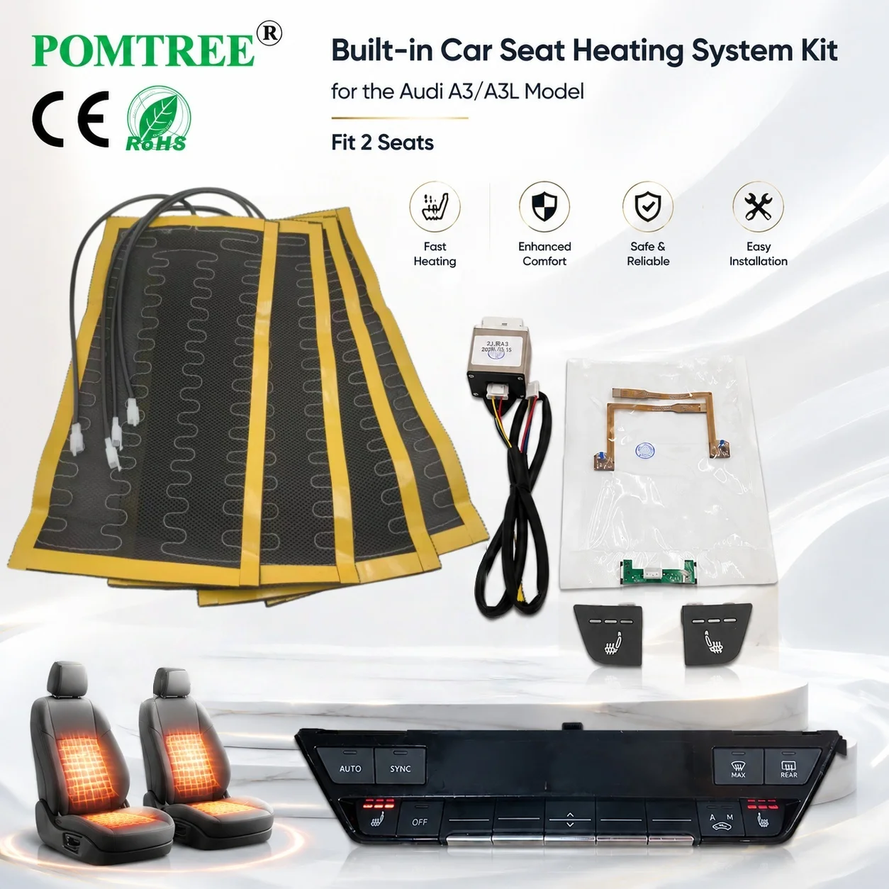 12V Built-in Car Seat Heating System Kit Fit 2 Seats,Compatible With Audi A3/A3L 2021-2026,Including Heating Pads & Switch Kit