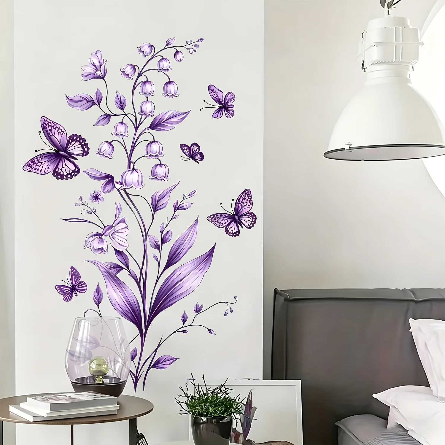 2D plane, 1 purple flower butterfly wall sticker with removable floral decoration can be torn off