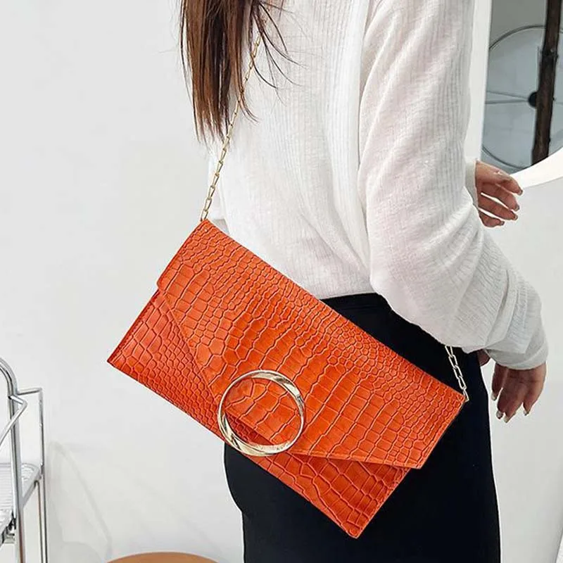 Alligator Orange Envelope Clutch Fashion PU Leather Clutch Bag With Chain Designer Lady\'S Handbag Purse Chain Crossbody Bag 2023