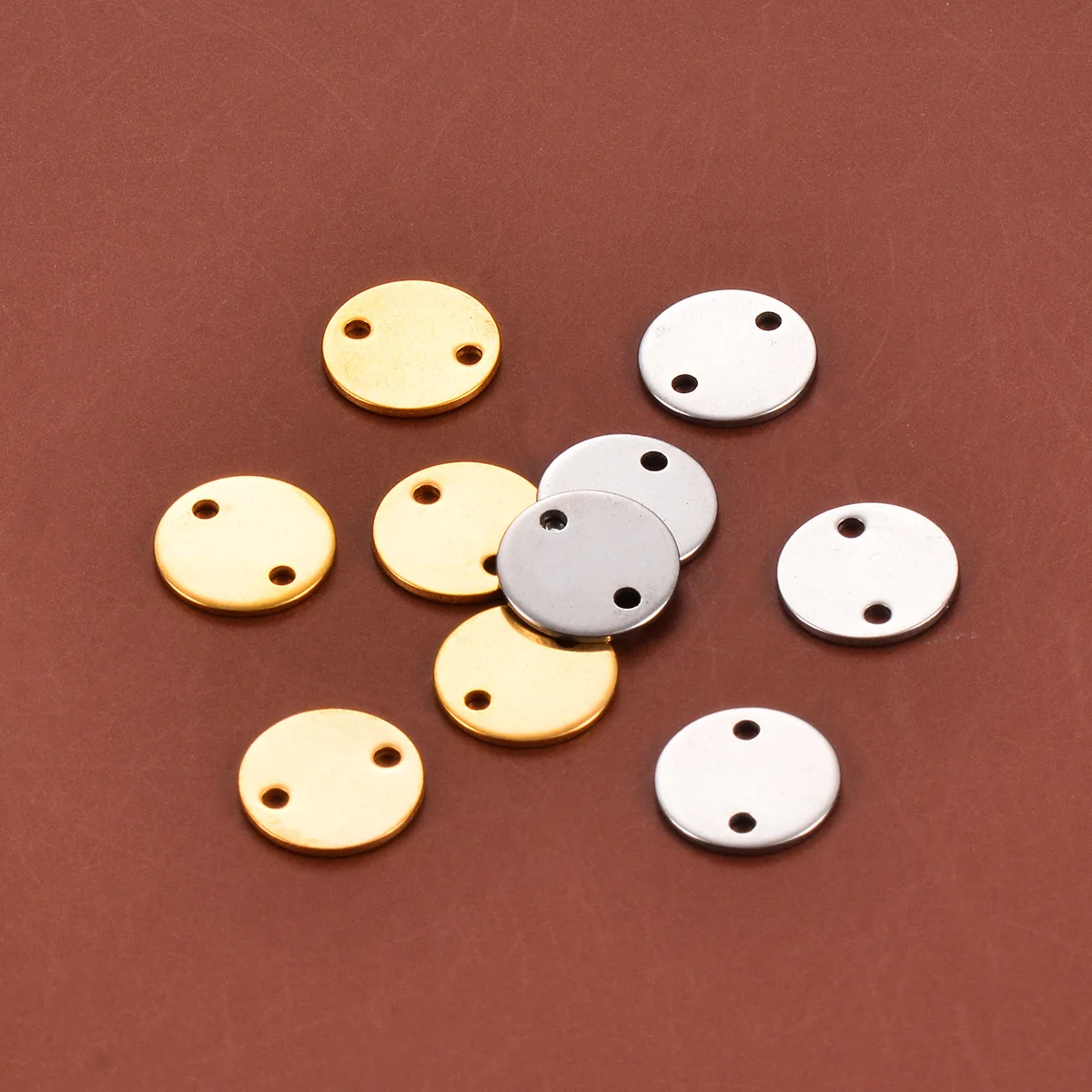 50pcs Wholesale stainless steel 10mm 2 Holes Blanks Circle Tag Bracelet Charm Necklace Pendant Round Connector charm Logo Tag