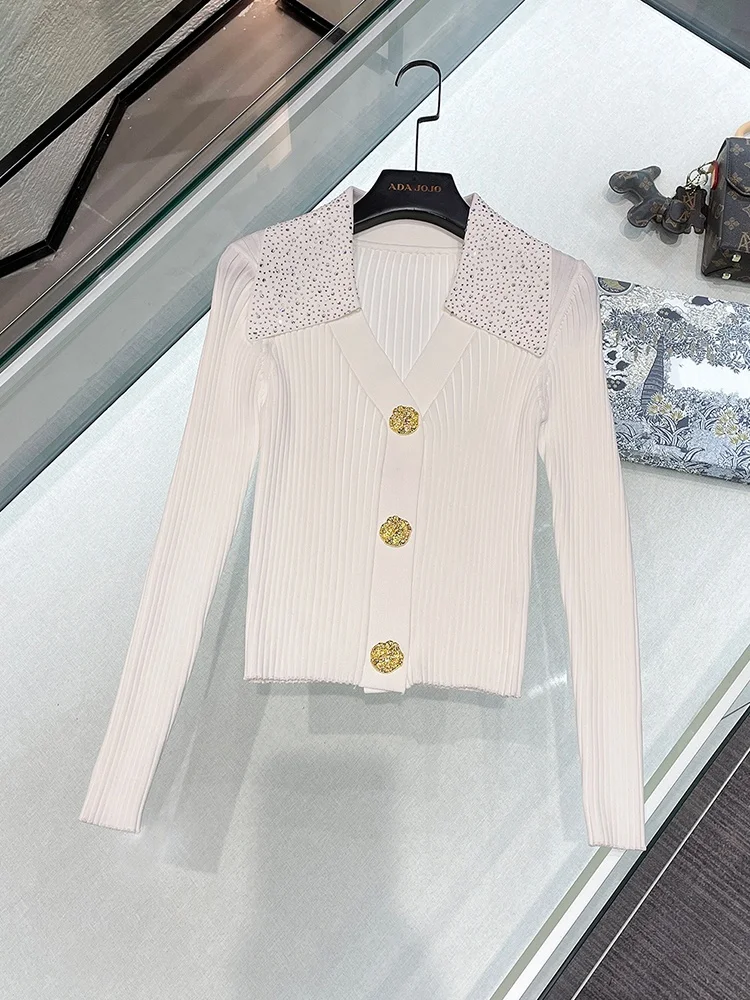 

Luxury Knitted Top Women's Heavy Drill Flip Collar Spring Faion Commute Sle Long Sve round Ne Regular Fit Ladies irt
