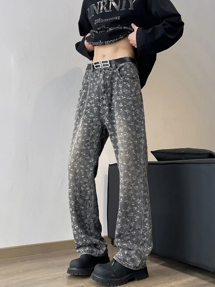 

Washed Black Floral Print Straight Leg Jeans Men's Spring American High Street Slimming Stylish Micro Flared Pants