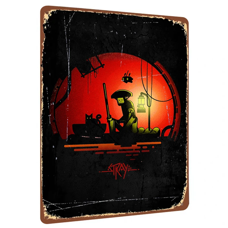 Stray Game Art Metal Wall Decor Red Moon Robot Cat Lantern Poster for Living Room Bedroom