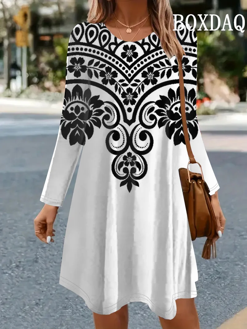 Women Casual O Neck Mini Dress Elegant Retro Printed Long Sleeve Casual Loose A-Line Dress Ladies Fashion Autumn Dresses Vestido