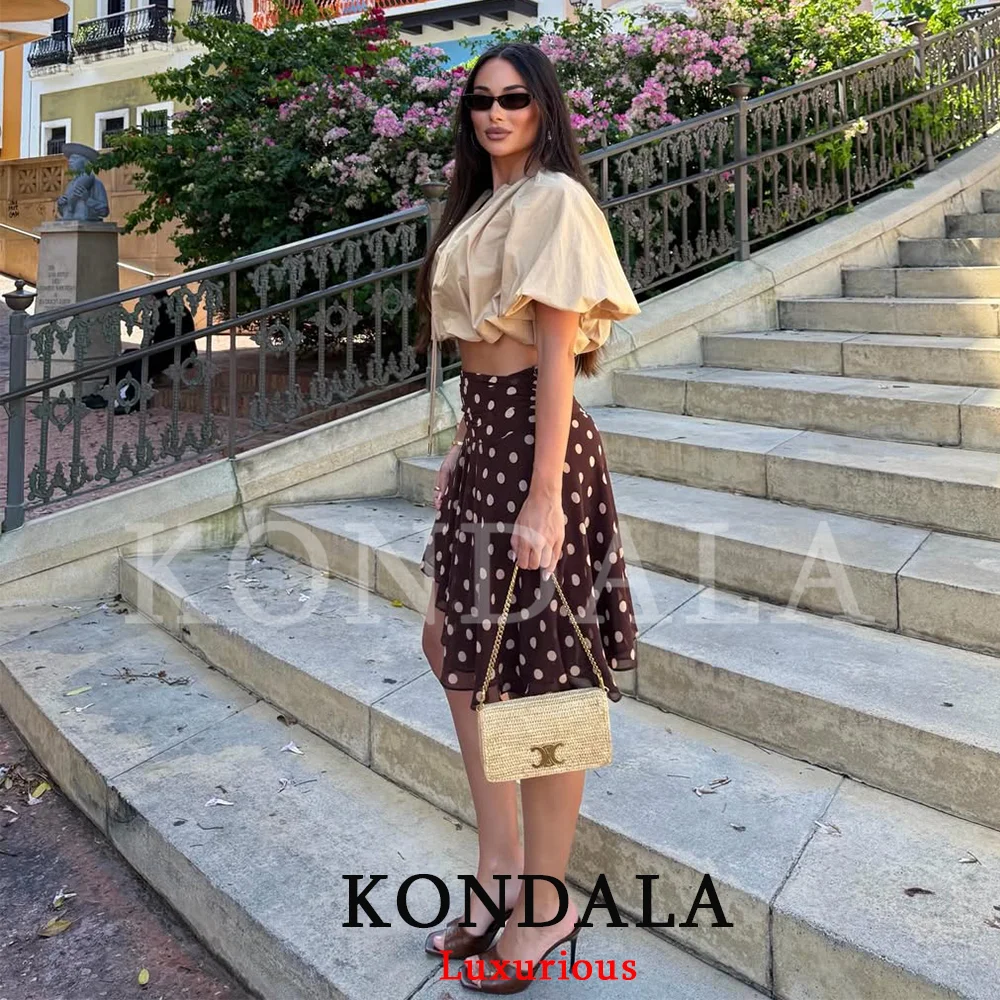 KONDALA Chic Brown Polka Dot Mini Skirts Women High Waist Chiffon Irregular Beach Holiday Skirt Fashion 2026 Spring Summer Skirt