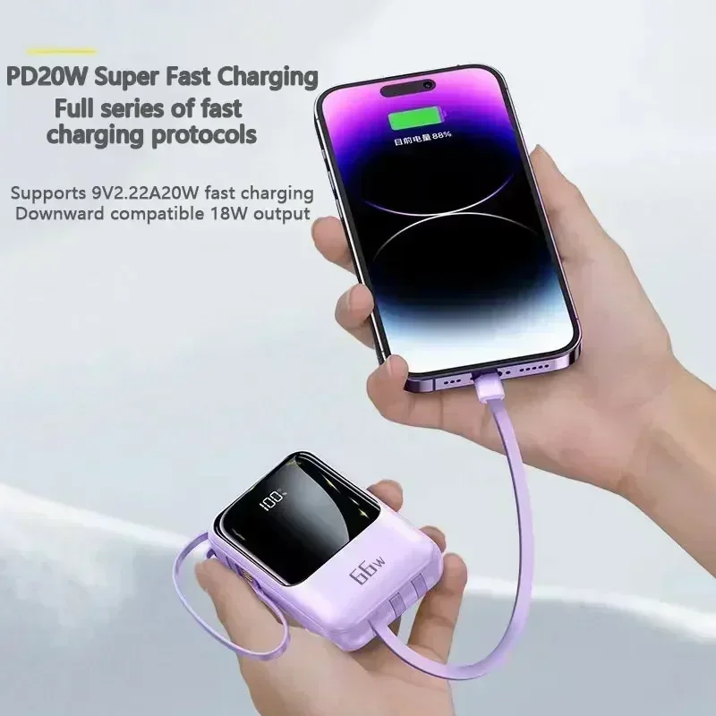 

10000mAh Mobile Power Supply with Built-In Cable 66W Super Fast Charge Power Bank Waterproof Portable Mobile IPhone Accessories