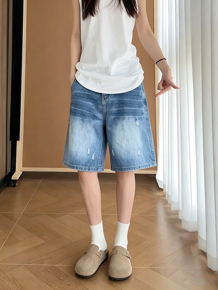 

Lightning Pattern Hole Denim Shorts Men's Summer Thin Cleanfit Five-Quarter American High Street Vibe Pants Casual Shorts