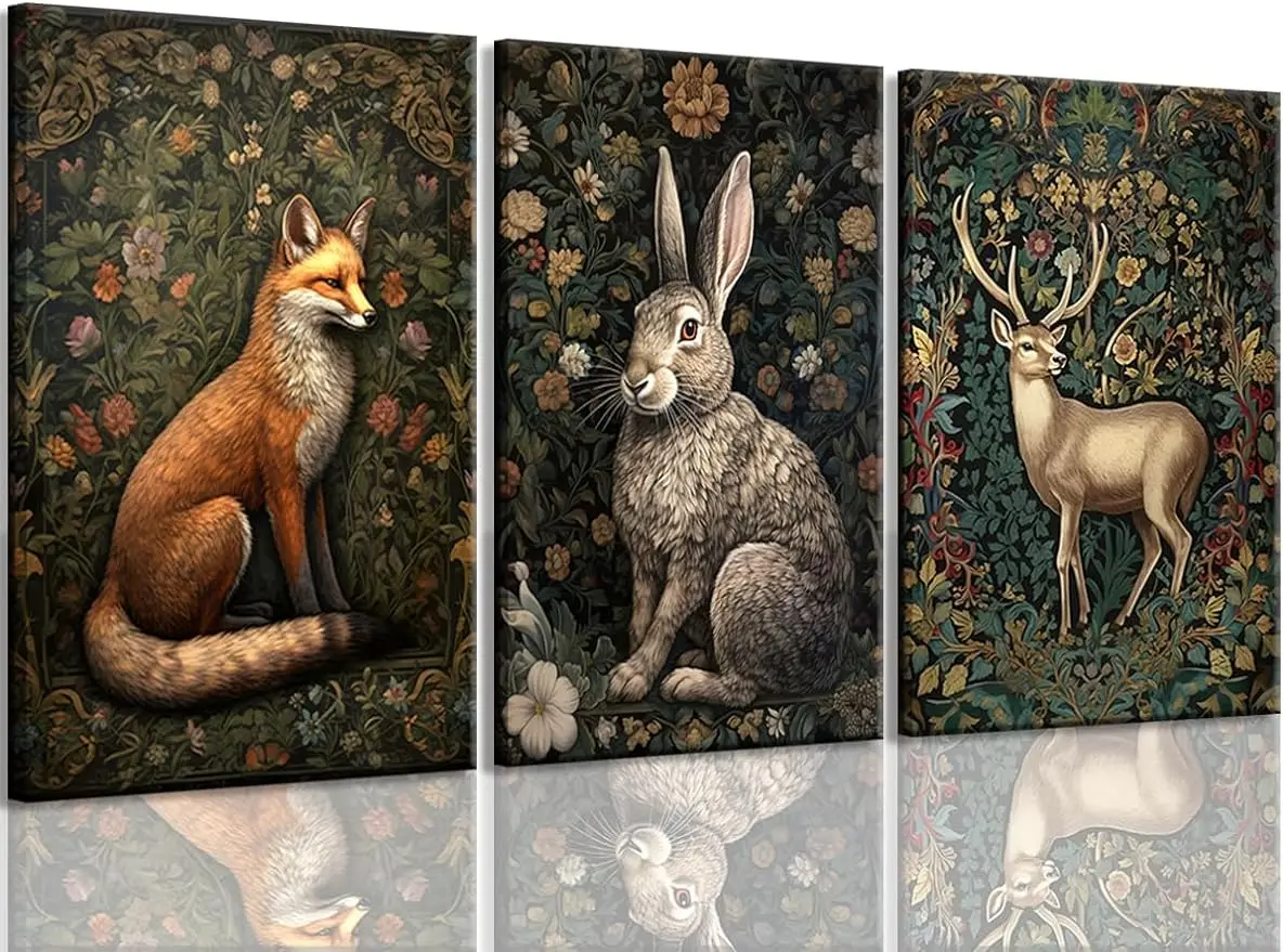 

3Pcs Unframed william morris animal wall art Fox rabbit sika deer Canvas Posters Prints Forest Wild Animal Pictures Paintings