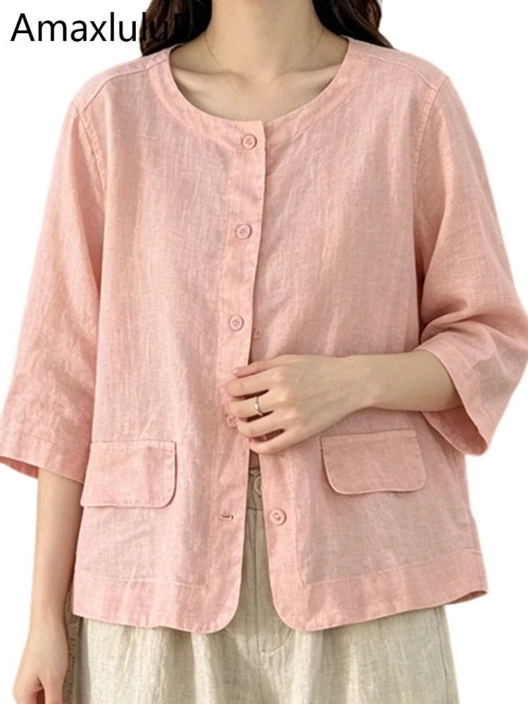 Amax LuluE 2026 Vintage Soild Cotton Linen Coats Females Summer Fashion Jackets Womens Korean Design Classic Leisure Outerwear