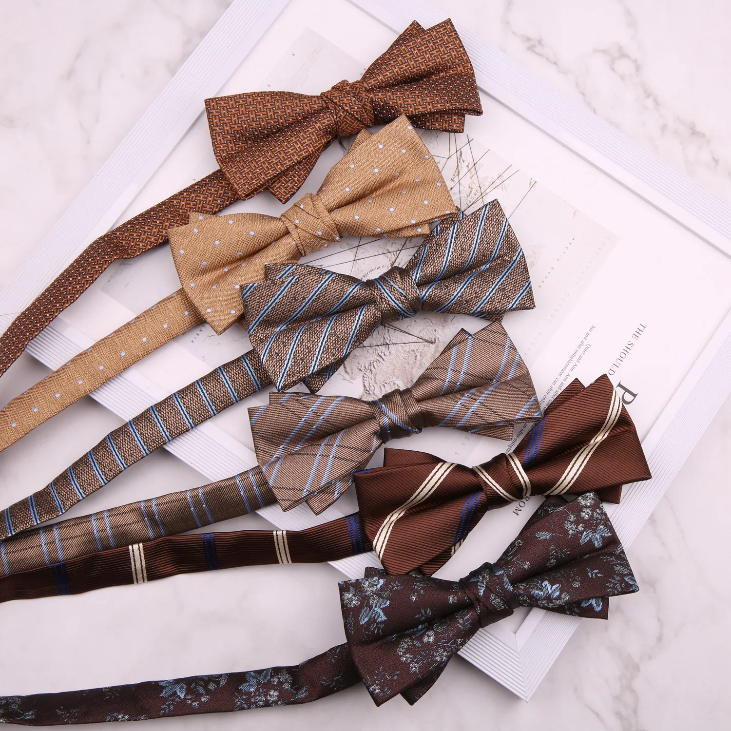 Classic Versatile 6*12CM Wine Coffee Brown Geometric Striped Flower Polyester Double-layer Bowtie for Man Wedding Necktie