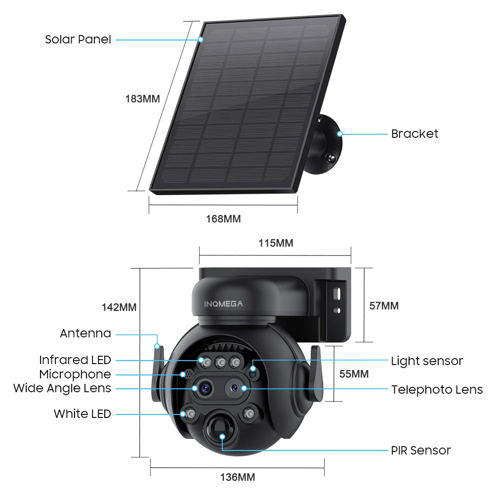 INQMEGA 6MP 12x Zoom Dual Lens Solar Cell PTZ Camera 4G WIFIWireless PIR Human Detection 5W Solar Panel Camera Night Vision CCTV