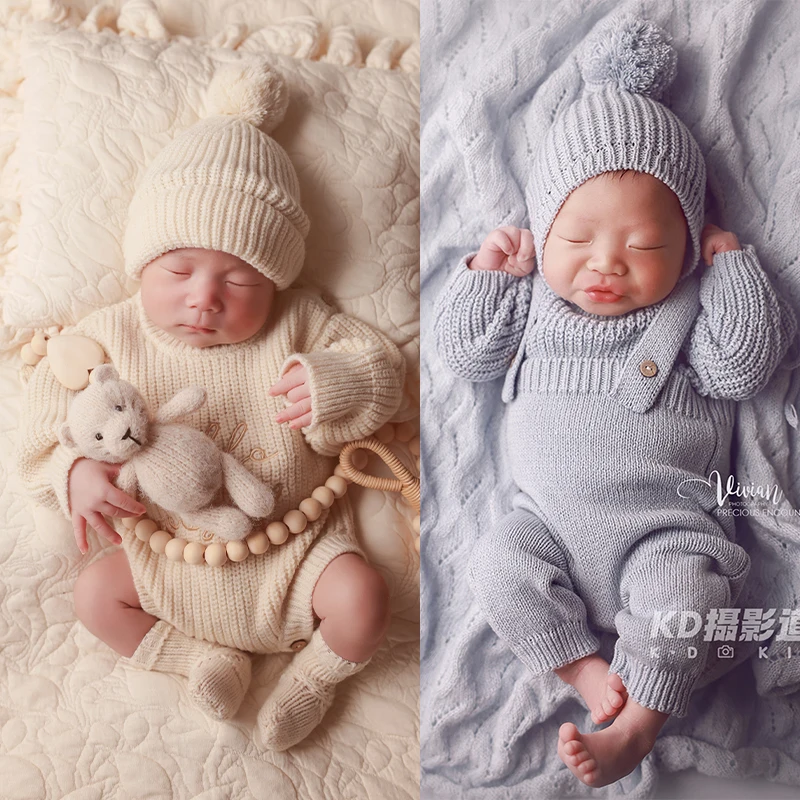 

Neutral Knitted Cream White/Blue Romper+Pom-Pom Hat+Socks Newborn Photography Outfit Soft Gentle Baby Homewear and Soothing Bear
