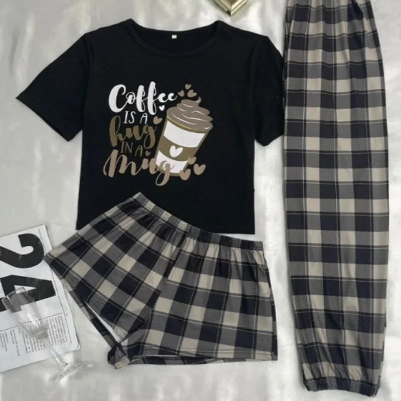 2024 Women\'s Cartoon Milk Silk Loungewear Thin Plaid Shorts Trousers Three-piece Set Pajama Women\'s Black 3pcs Pijama Elastic Pj