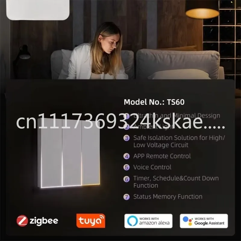 TS60 Wireless ZTS60 Zigbee Tuya Wireless EU Standard Smart Life Tuya App Controlled Smart Home Ambient Light Smart Wall Switch