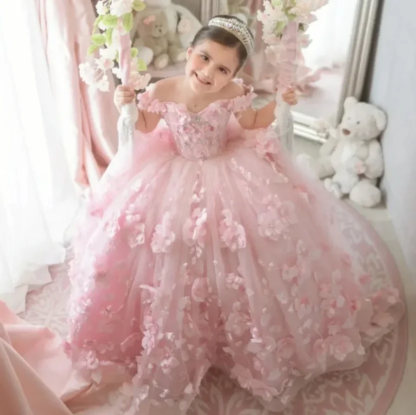 Vestido de baile con hombros descubiertos para niñas, Vestidos de fiesta de cumpleaños, graduación, Apliques de encaje, corsé, vestido de niña de flores para boda