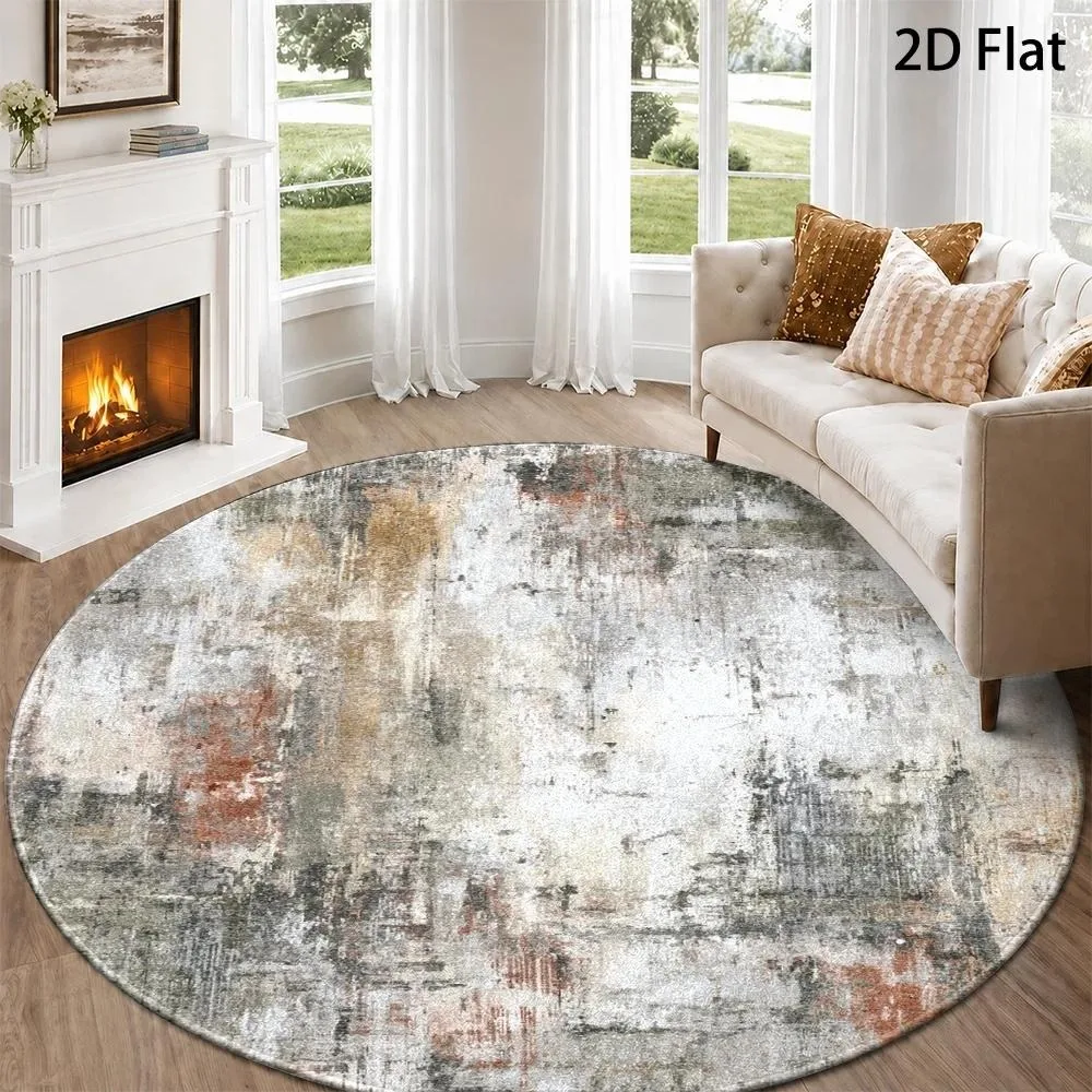 Vintage Distressed Abstract Round Rug Muted Grey Rust Gold Faded Brush Stroke Circular Floor Mat for Living Room Bedroom