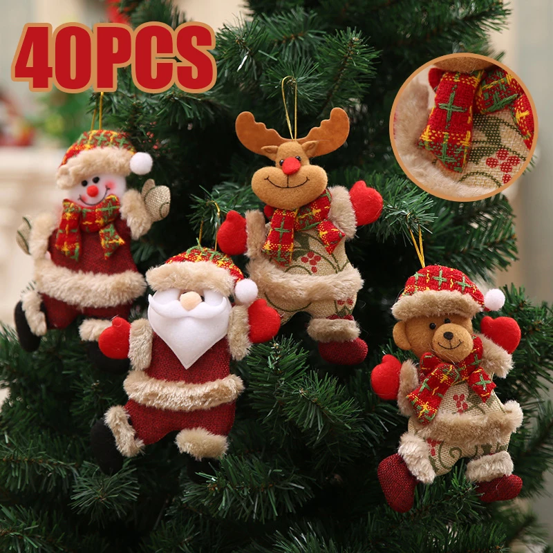 40PCS Christmas Tree Accessories Christmas Small Doll Dancing Old Man Snowman Deer Bear Fabric Puppet Small Hanging Gifts