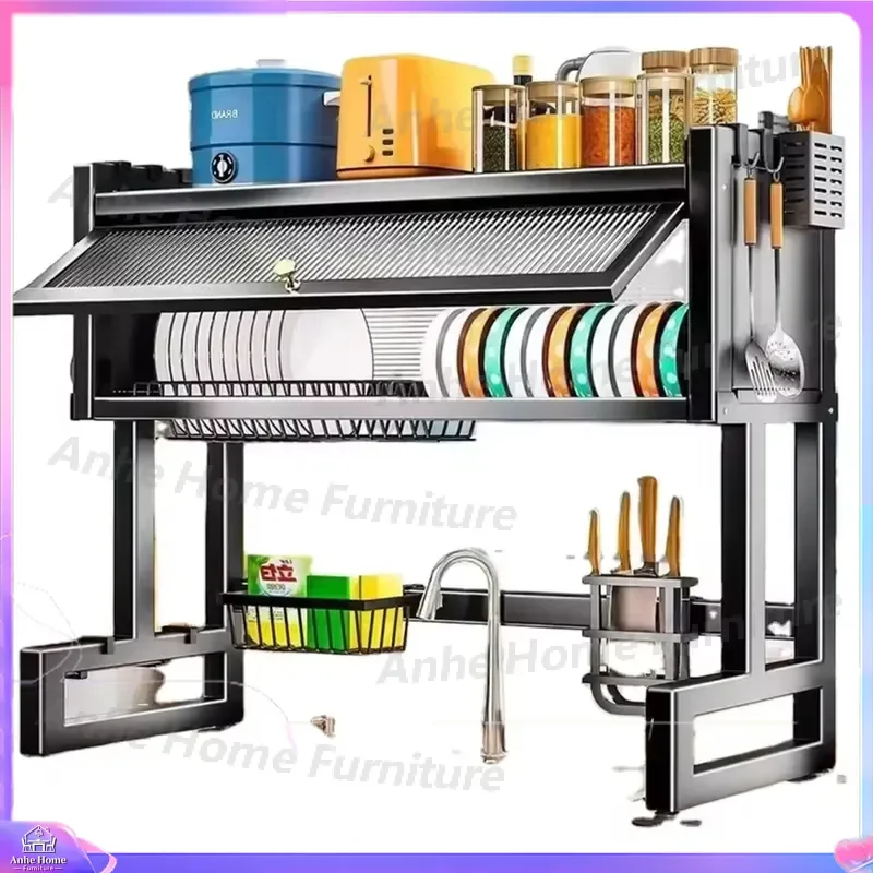 Adjustable Dish Drying Rack Over Sink 65-105cm Kitchen Counter Organizer Stainless Steel Dish Drainer Shelf Multi Function