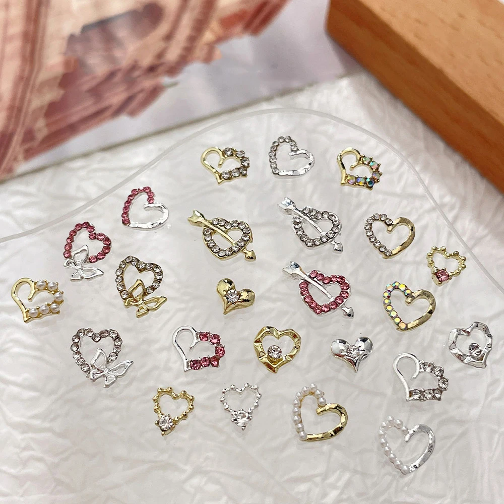 10Pcs Heart Love Nail Art Charm 3D Luxury Diamond Pearl Valentine's Day Alloy Series Nail Ornament DIY Exquisite Nail Decoration