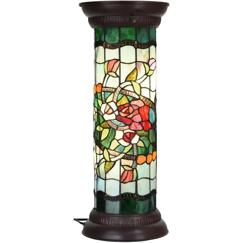 L10823 Rose Flower Style Stained Glass Pedestal Floor Lamp for Decorating, 26 inches Tall