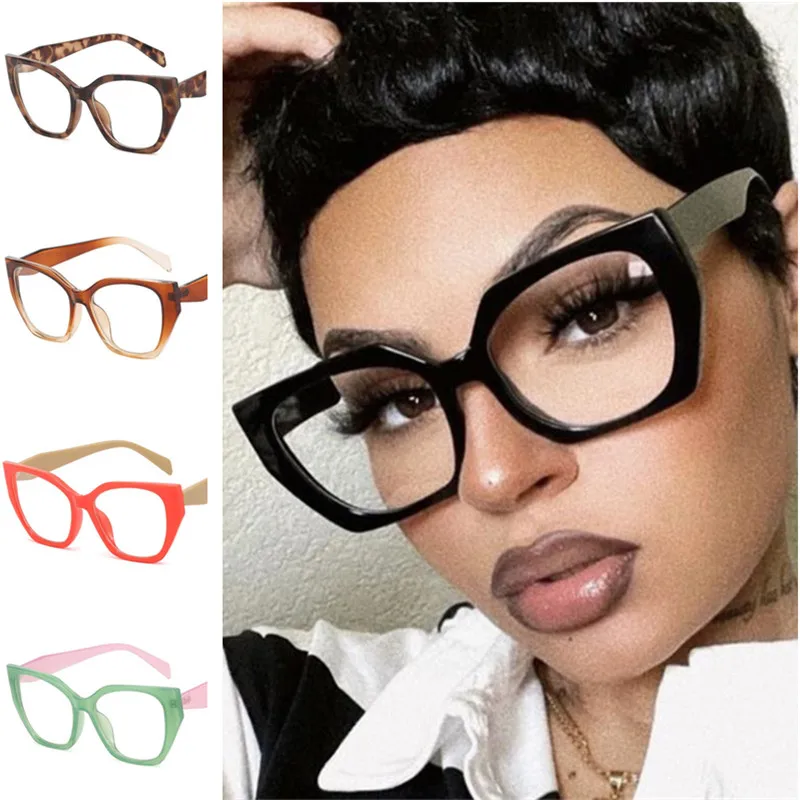 

Fashion Polygon Optical Eyeglass Cat Eye Spectacles Retro Google Oversize Frame Ornamental Anti-Blue Light Glasses